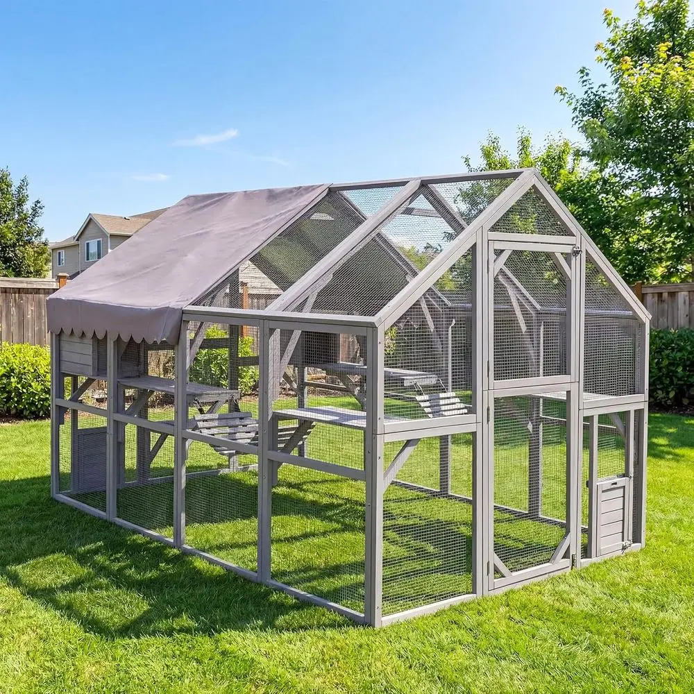 

Spacious 56.5 sq ft Walk-in Catio with Weatherproof Roof, Wooden Playpen for Cats, Kittens, and Small Pets