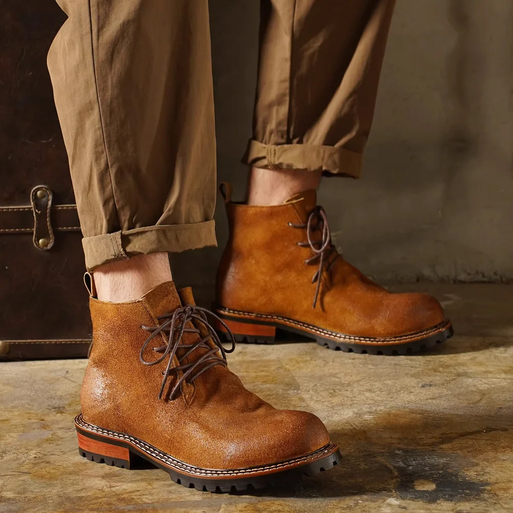 

Fashion Men Frosted Genuine Leather Motorcycle Boots Platform British Brogue Shoes Oxford Mid-calf Western Chelsea Boots Yellow