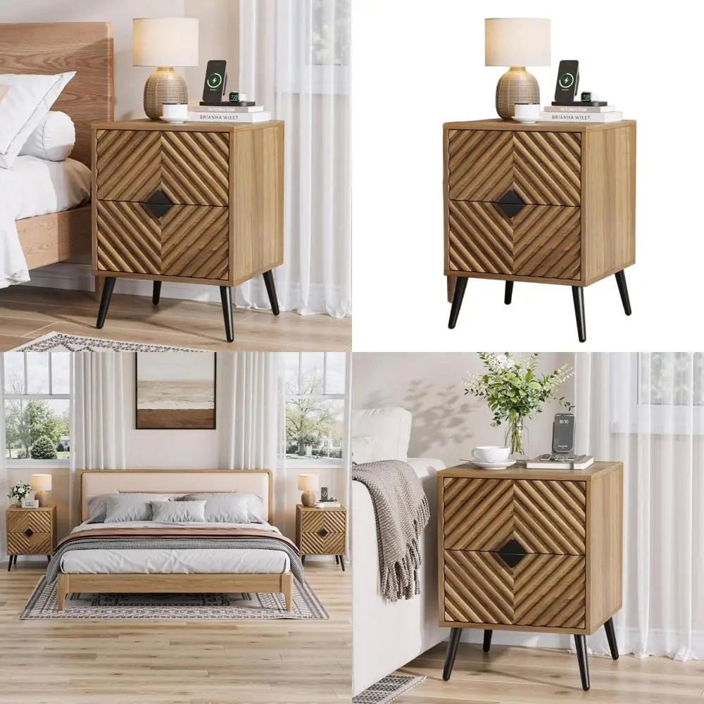 

Mid-Century Walnut Diamond Drawer Nightstand with Metal Legs for Bedroom