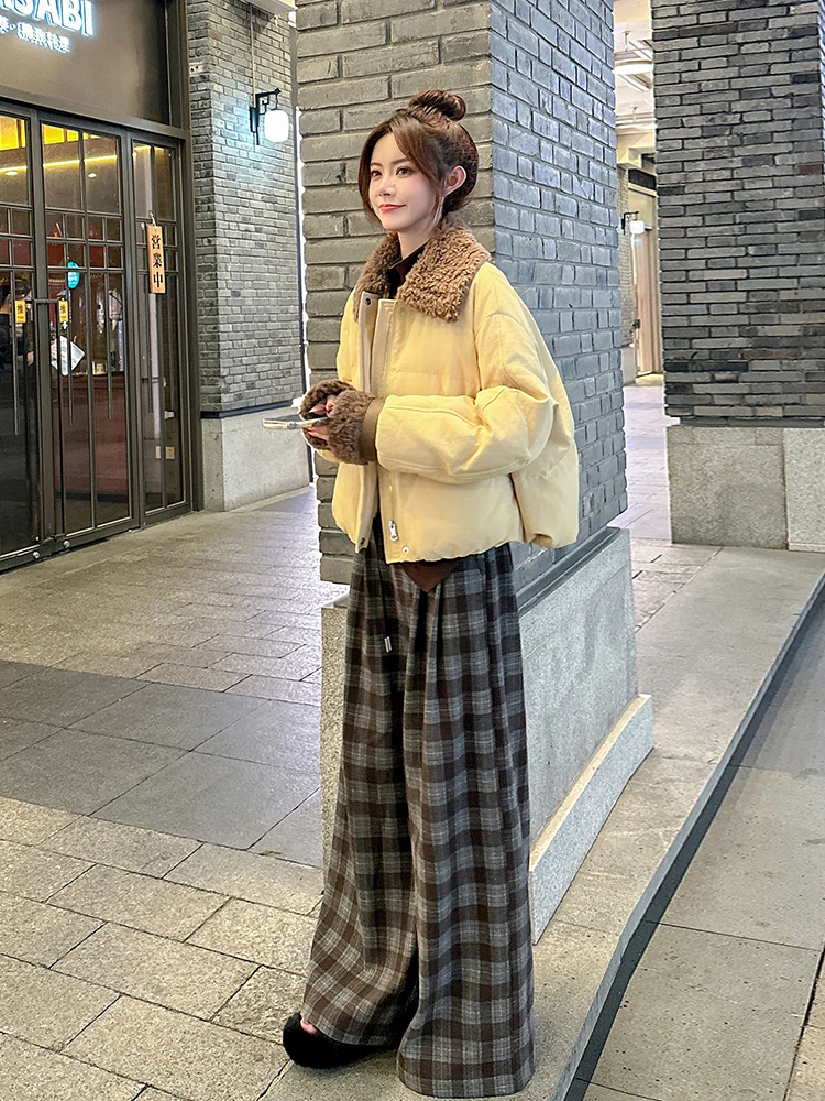 노란색 양털 트리밍 숏 다운 재킷 여성용 루즈핏 겨울 아우터 한국 스타일 따뜻한 두꺼운 코트 여성용