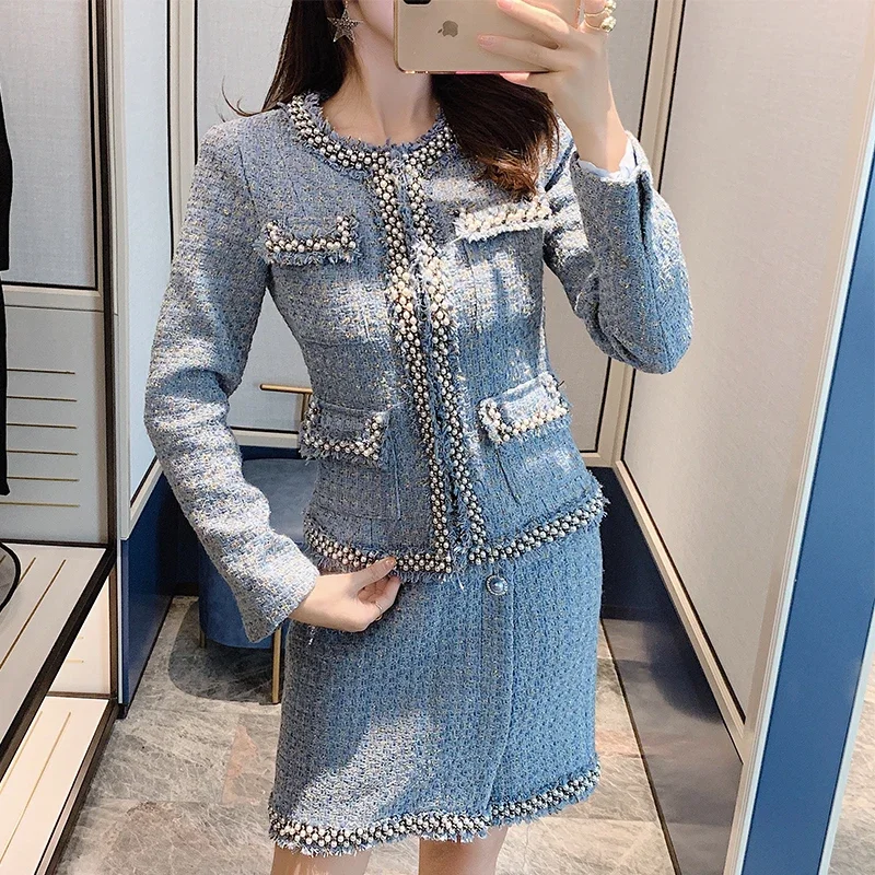 Insozkdg Autumn Winter Two-Piece Set Wool Tweed Blazer Women\'s Occupational Noble Chic Style Sets High Quality New Skirt Suits