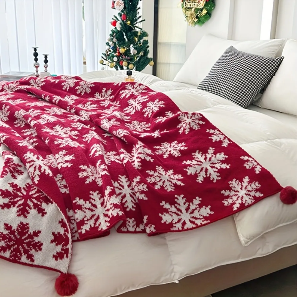 1pc Red Marry Christmas Blanket Snowflake Print Skin-friendly Blanket for Home Living Room Decor New Year Christmas Gift