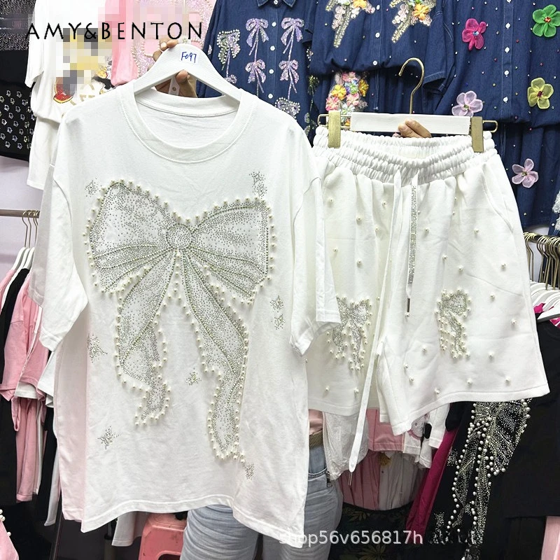 

American Style Suit Heavy Industry Beads Diamond Drills Bow T-shirt Women's Kawaii Top Elastic Waist Wide-leg Shorts 2-piece Set