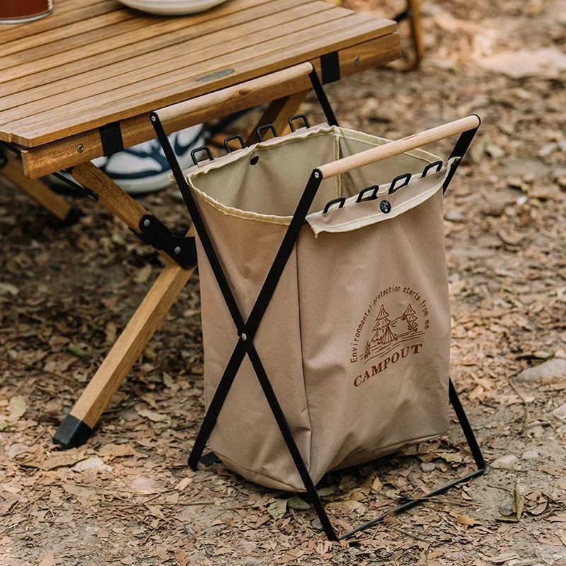 Outdoor Folding Trash Rack Portable Wooden Handle Trash Bag Picnic Barbecue Oxford Cloth Bag Holder tys