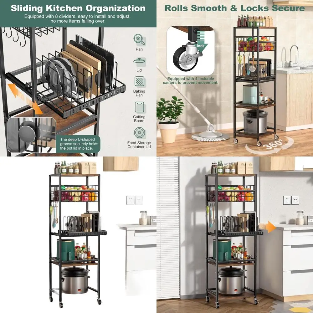 

5-Tier Rolling Kitchen Cart with Metal Basket, Pull-Out Lid Organizer & Wooden Top Storage