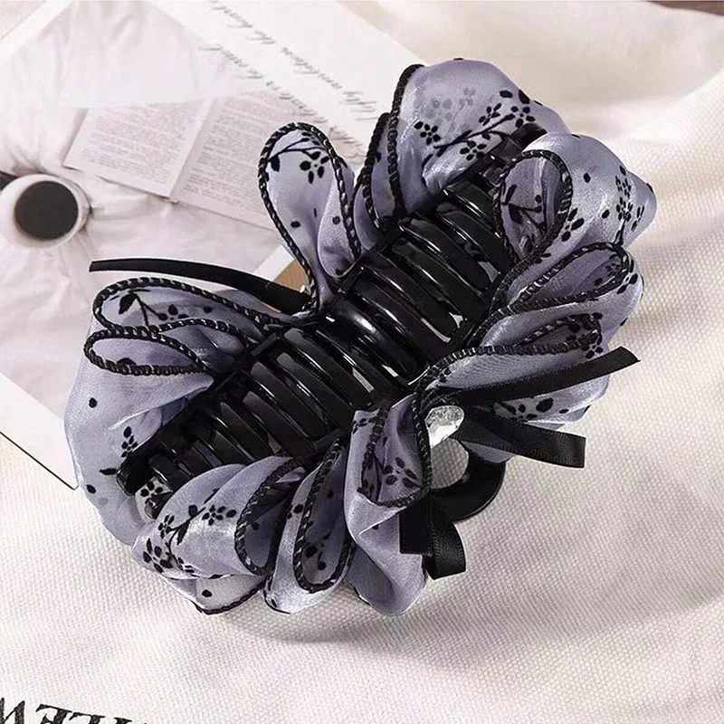 1pc women\'s multi-color rhinestone heart embellishment mesh bow hair clip double-sided bubble grip clip fluffy hair claw