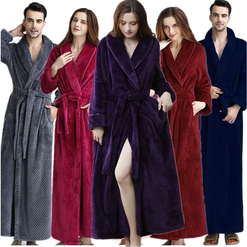 Women Thermal Luxury Flannel Extra Long Bath Robe Winter Sexy Grid Fur Bathrobe Warm Kimono Dressing Gown Bridesmaid Robes