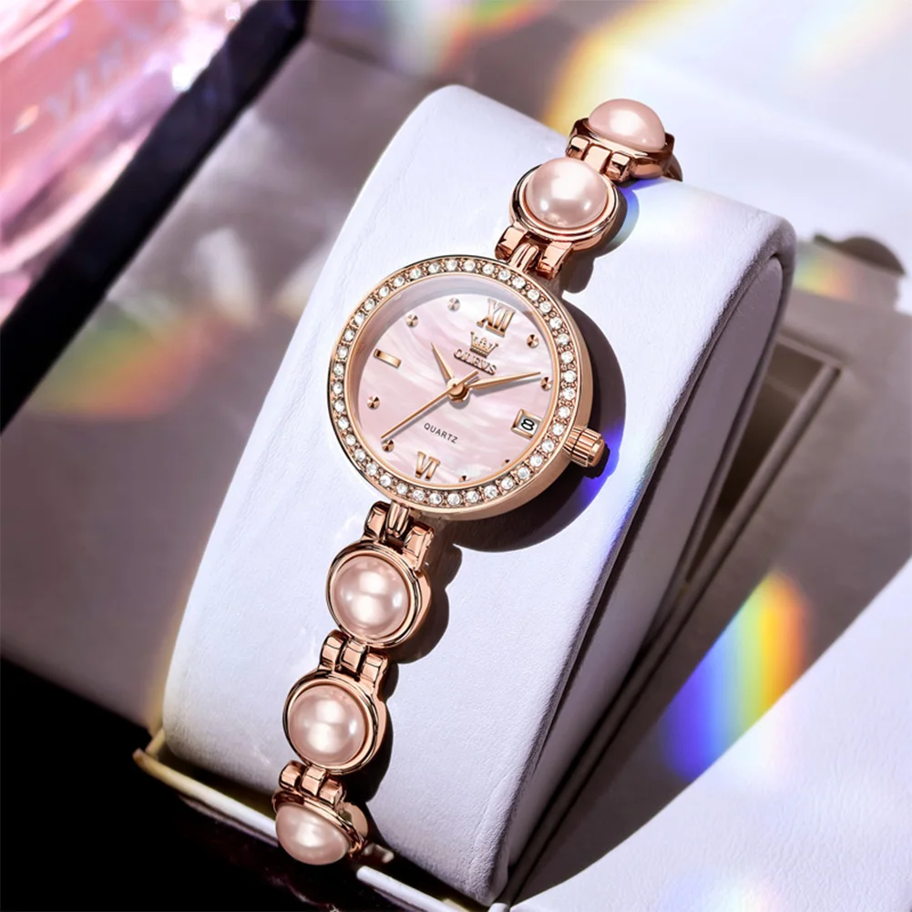 OLEVS العلامة التجارية الفاخرة سوار اللؤلؤ ساعات نسائية أنيقة الذهب الوردي موضة كوارتز ساعة الماس مقاوم للماء ساعة نسائية #3
