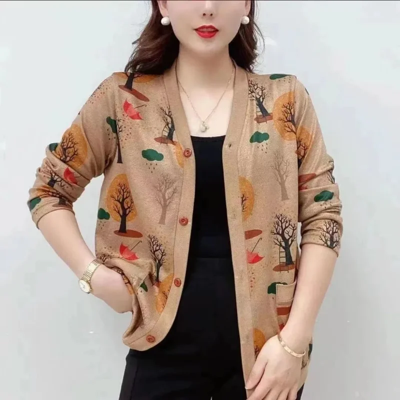 Cardigan sottile con stampa Vintage primavera autunno nuovo scollo a V manica lunga allentato Plus Size cappotto top abbigliamento donna moda Casual