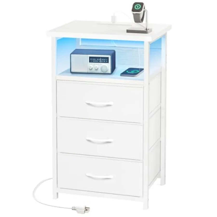 

Прикроватная тумбочка с зарядной станцией, LED-подсветкой, 3 тканевыми ящиками и открытой полкой для спальни