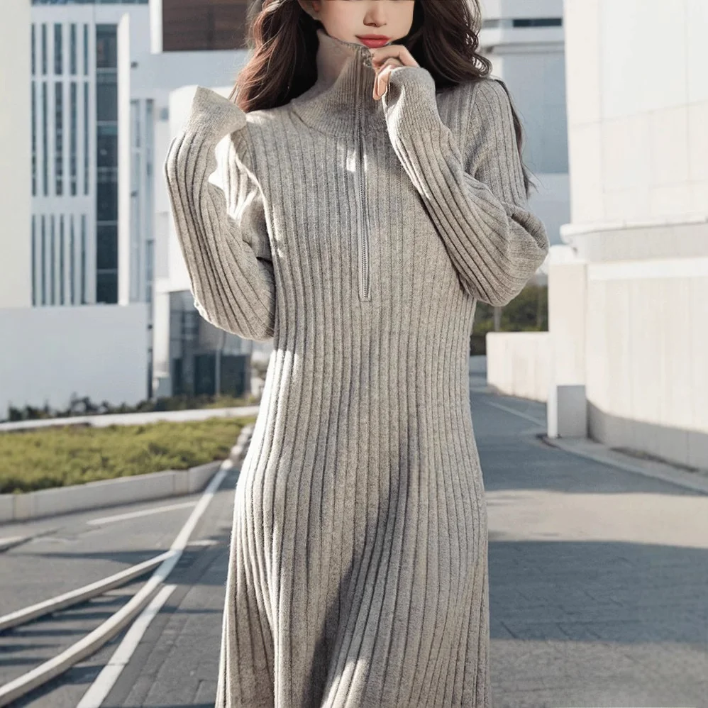 

Осенне-зимнее утепленное длинное вязаное платье-миди женское, приталенное, с эластичной высокой талией, в стиле пальто, свободного кроя, ветрозащитное