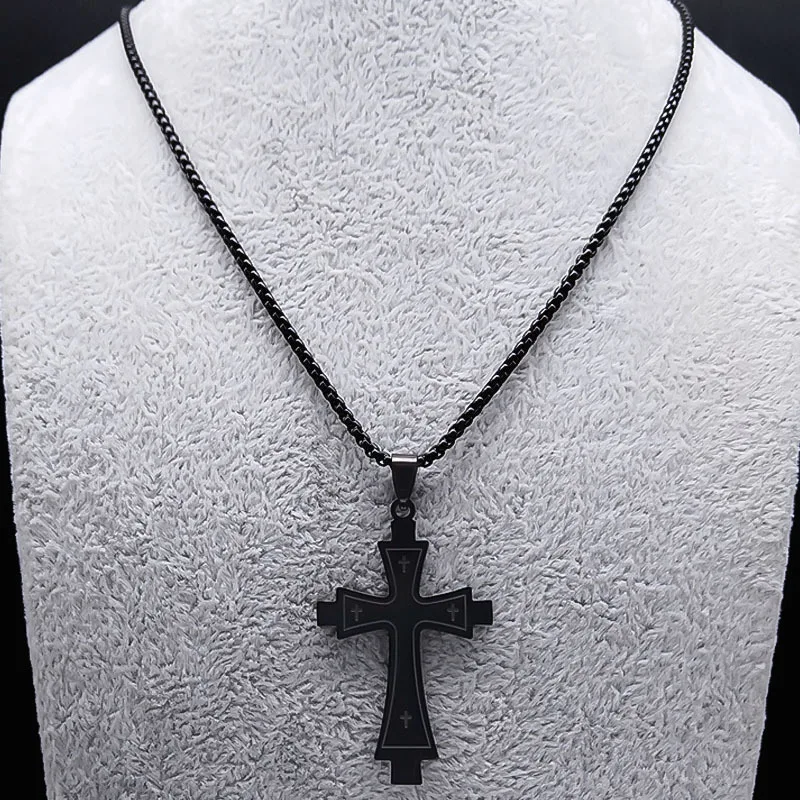 HNSP Vintage Black Cross Stainless Steel Pendant Chain Necklace For Men Jewelry Goth Accessories