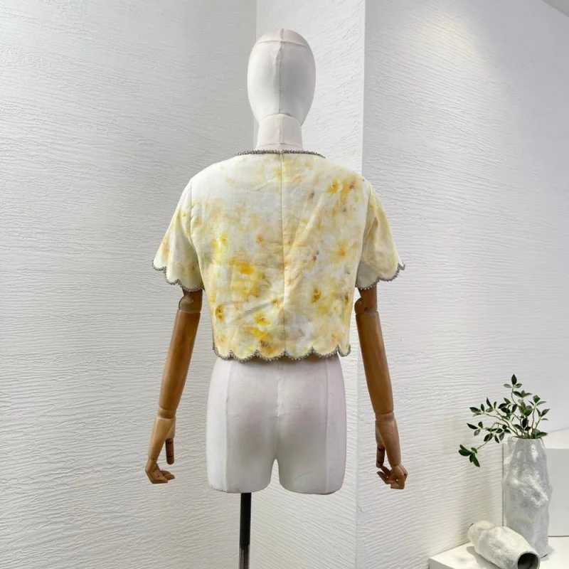 Light Yellow Linen 2025 new summer women high quality Shell Edge Floral Print Short Sleeve Blouse Tops