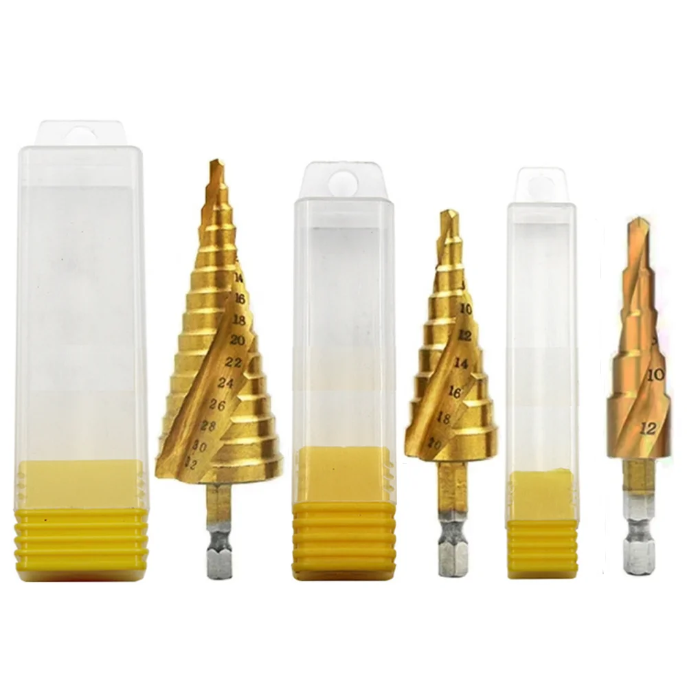 

HSS Titanium-Coated Spiral Groove Step Drill Bit or Straight Grooved Drill Bits 4-12/20/32mm for Stainless Steel, Metal, Wood