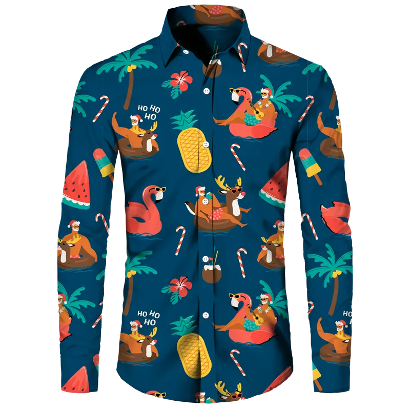 Hawaiian Christmas Theme Santa Claus Tree Shirt For Men Casual Vintage Tops 3d Printed Flower Long Sleeve Clothing Holidays Y2k