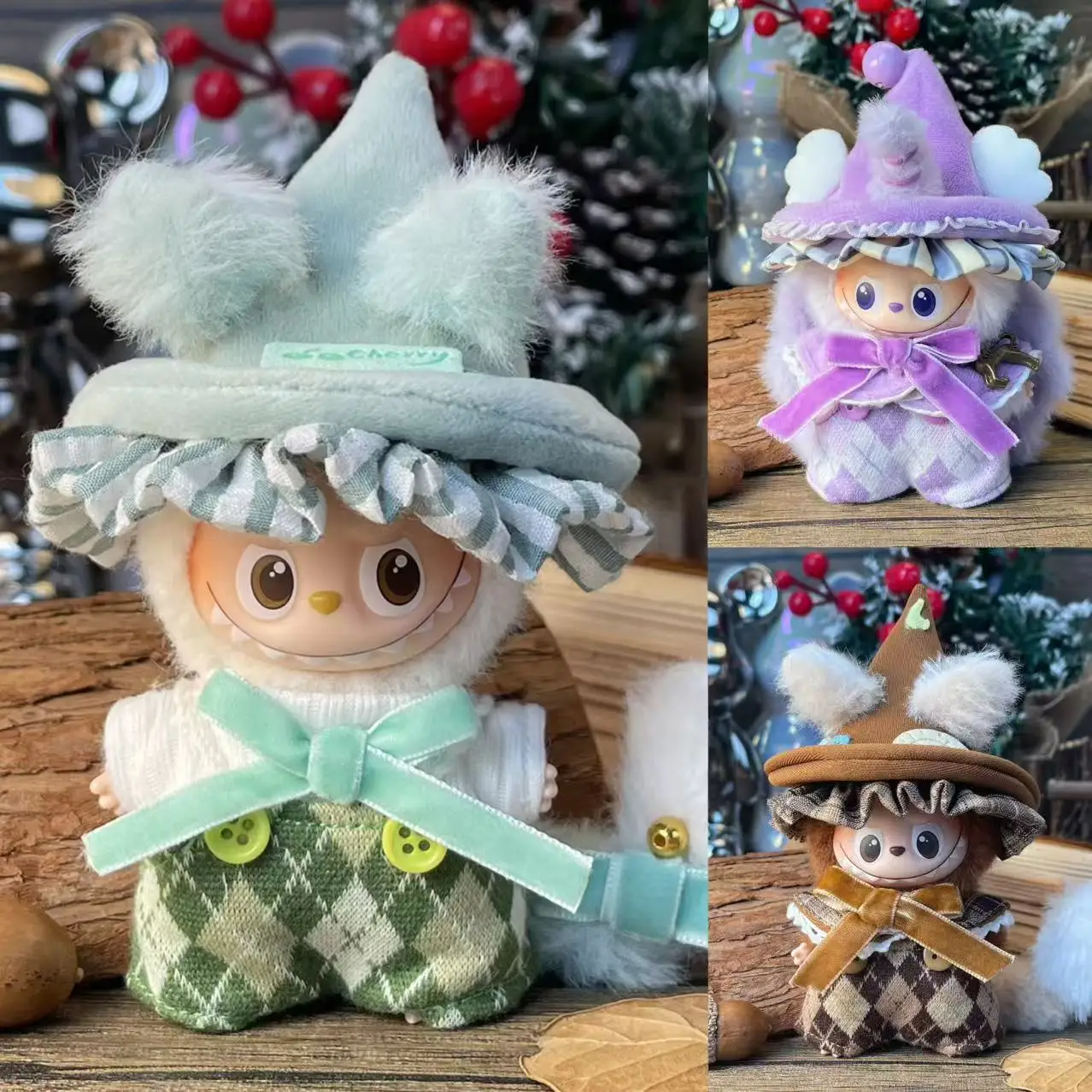 

Cute Plush fox jumpsuit for Labubu 4.0 Fashion bow accessories jeans Clown Clothes for 10cm Ladbubu V4 Dolls Accessories