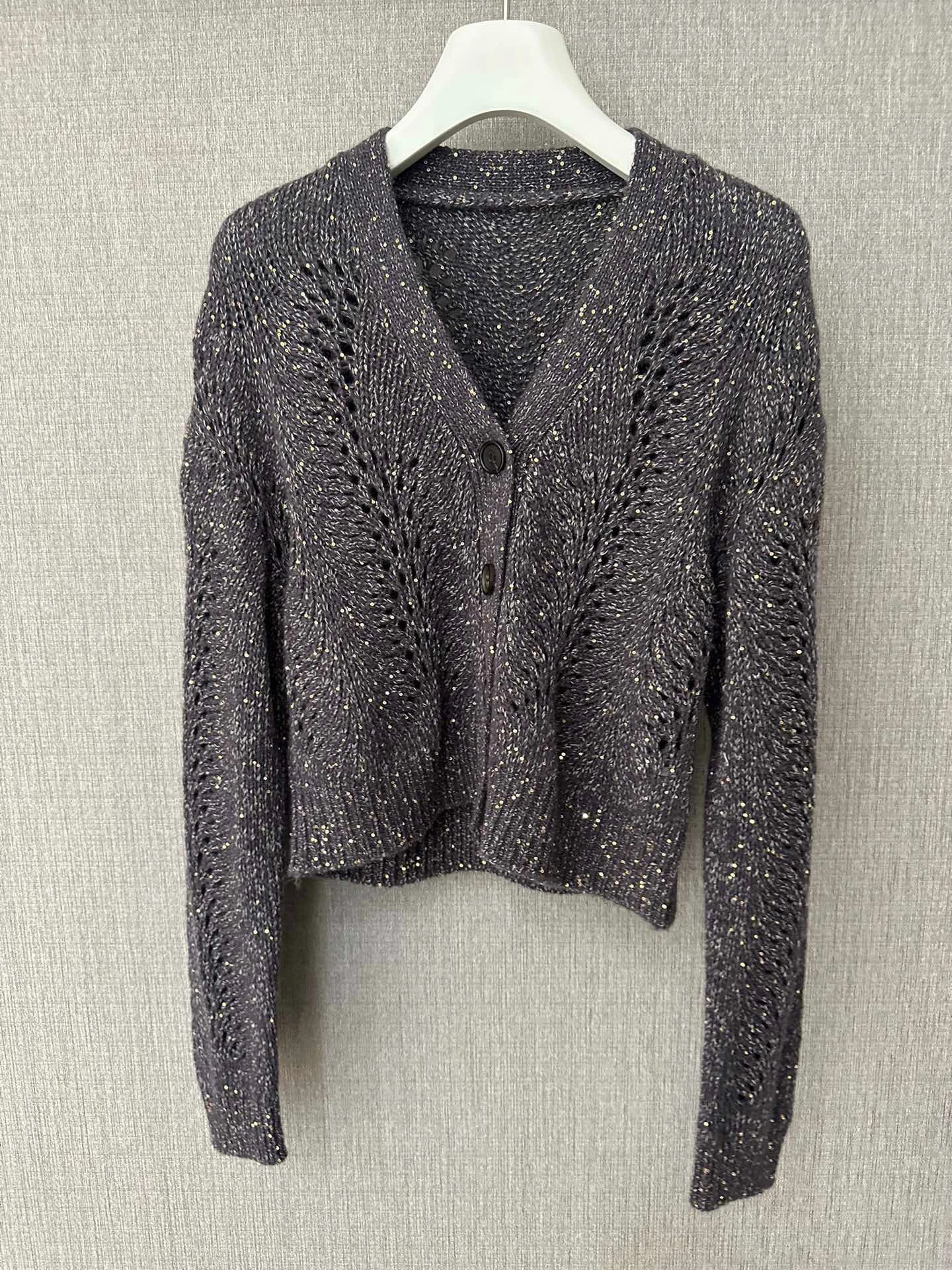 Paillete yarn v-neck high quality long sleeve cardigan