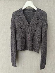 Paillete yarn v-neck high quality long sleeve cardigan