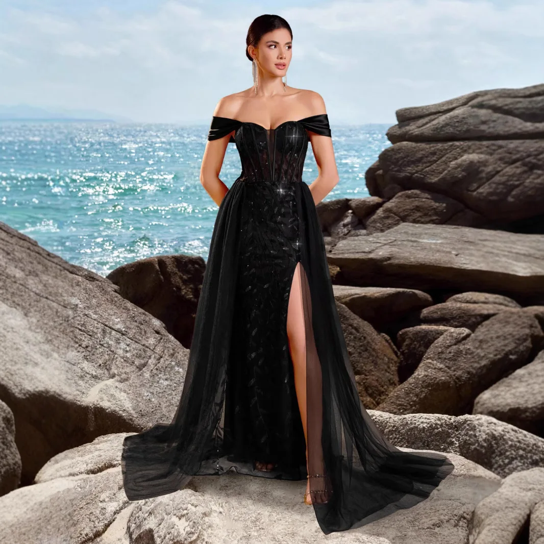 Ele One-oulder Slit Heavy Work Par Dr Abito da sera Lunghezza pavimento Svel Vita alta Matrimonio Dr per la celebrazione