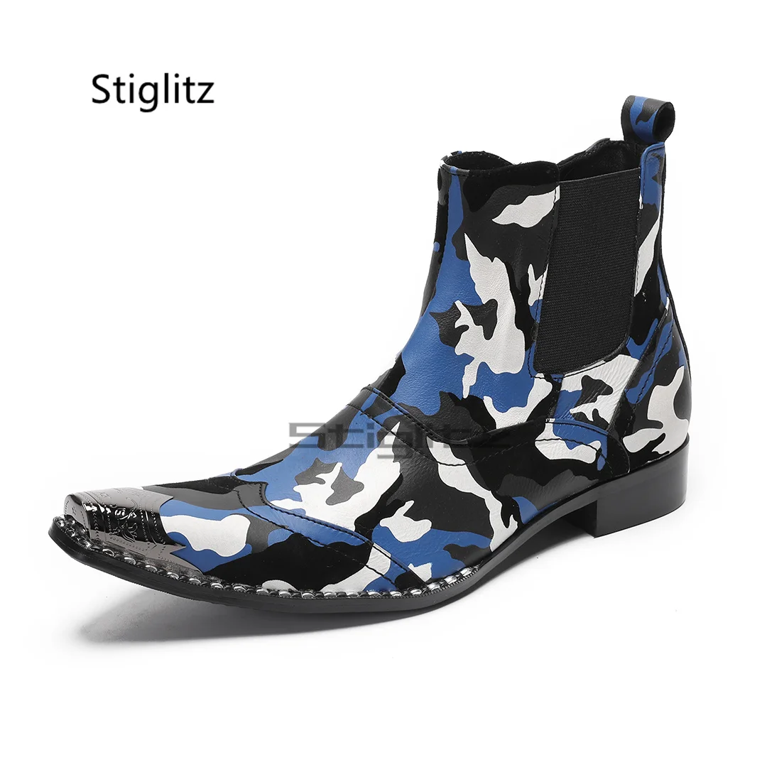 

Blue Black White Prints Men's Boots Retro British Style Genuine Leather Ankle Boots Metal Toe Graffiti Chelsea Boots Male Shoes