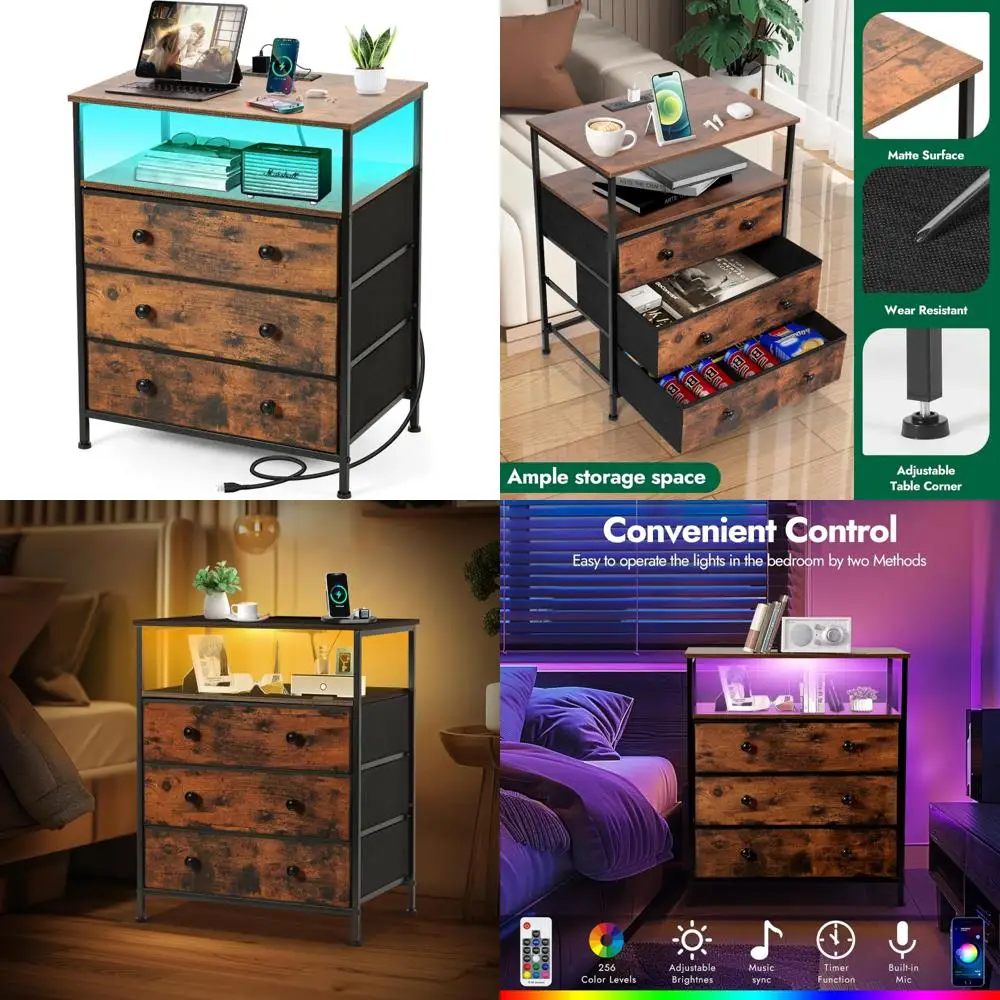 

LED Nightstand with Charging Station, 24 Inch Wide Dresser, Adjustable Fabric Drawer Storage for Bedroom