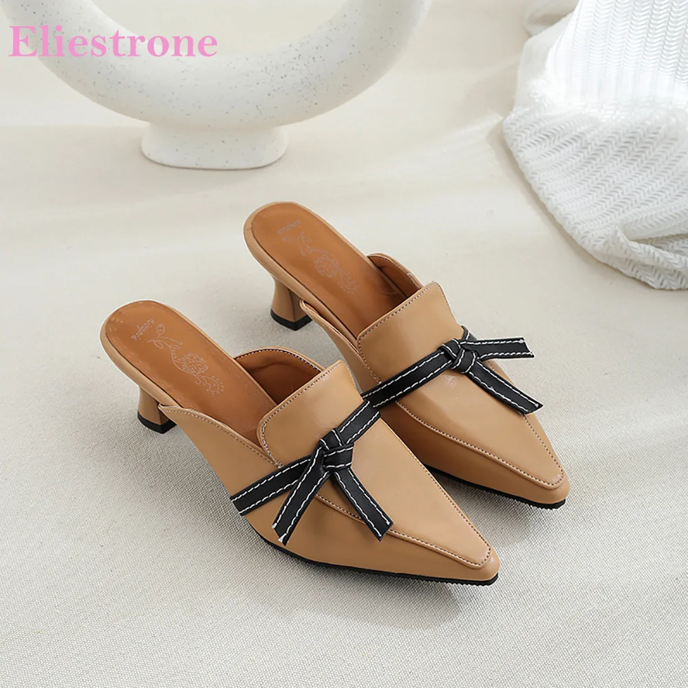 Brand New Sexy Apricot Beige Women Slipper Bow tie Hot High Heel Lady Casual Shoes SA223 Plus Big Small Size 10 28 43 46