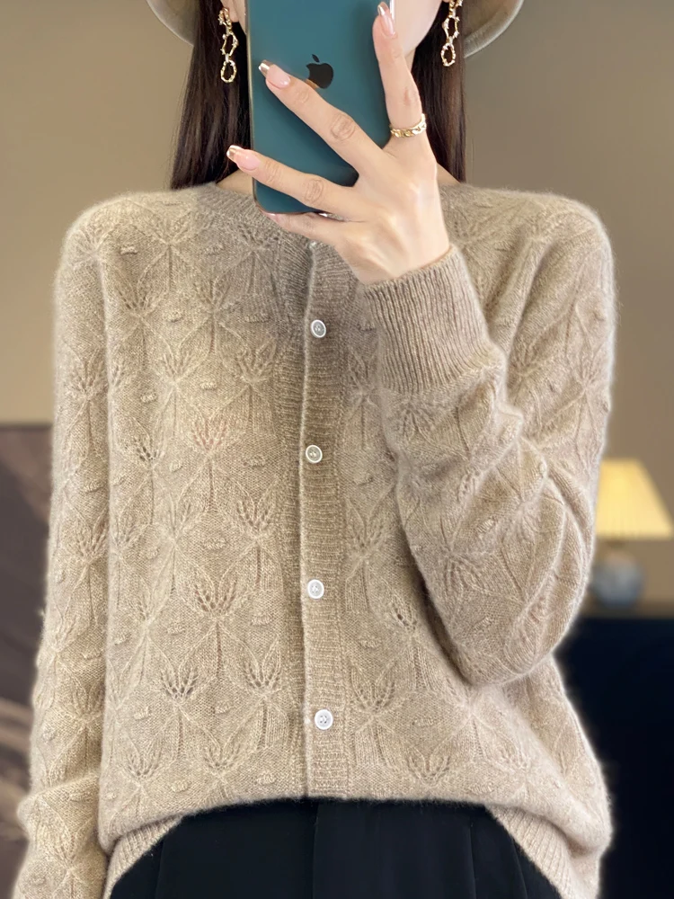 

100% Merino Wool Cardigan Autumn Winter Sweater For Women O-Neck Long Sleeve Comfort Soft Warm Cashmere Knitwear Short Tops