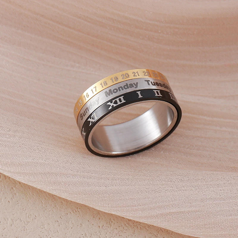 Creative Roman numeral time tricolor calendar rotating stainless steel ring daily casual men's and women's universal jewelry