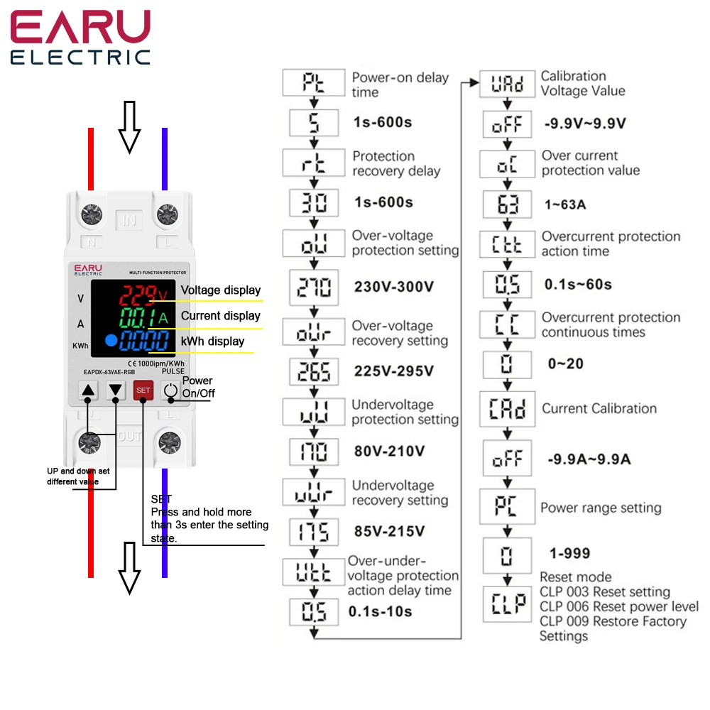 Dual Display 40A 63A 230V Din Rail Adjustable Digital Over Under Voltage Relay Over Current Protection kWh 220V