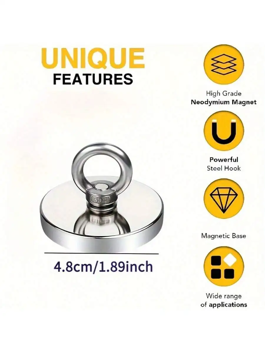 [Magnet-Hebewerkzeug] 2 Stück/Set 48 mm Neodym-Angelmagnete |   Ausgestattet mit Heberingen und Seilen für Flüsse, Tiefsee