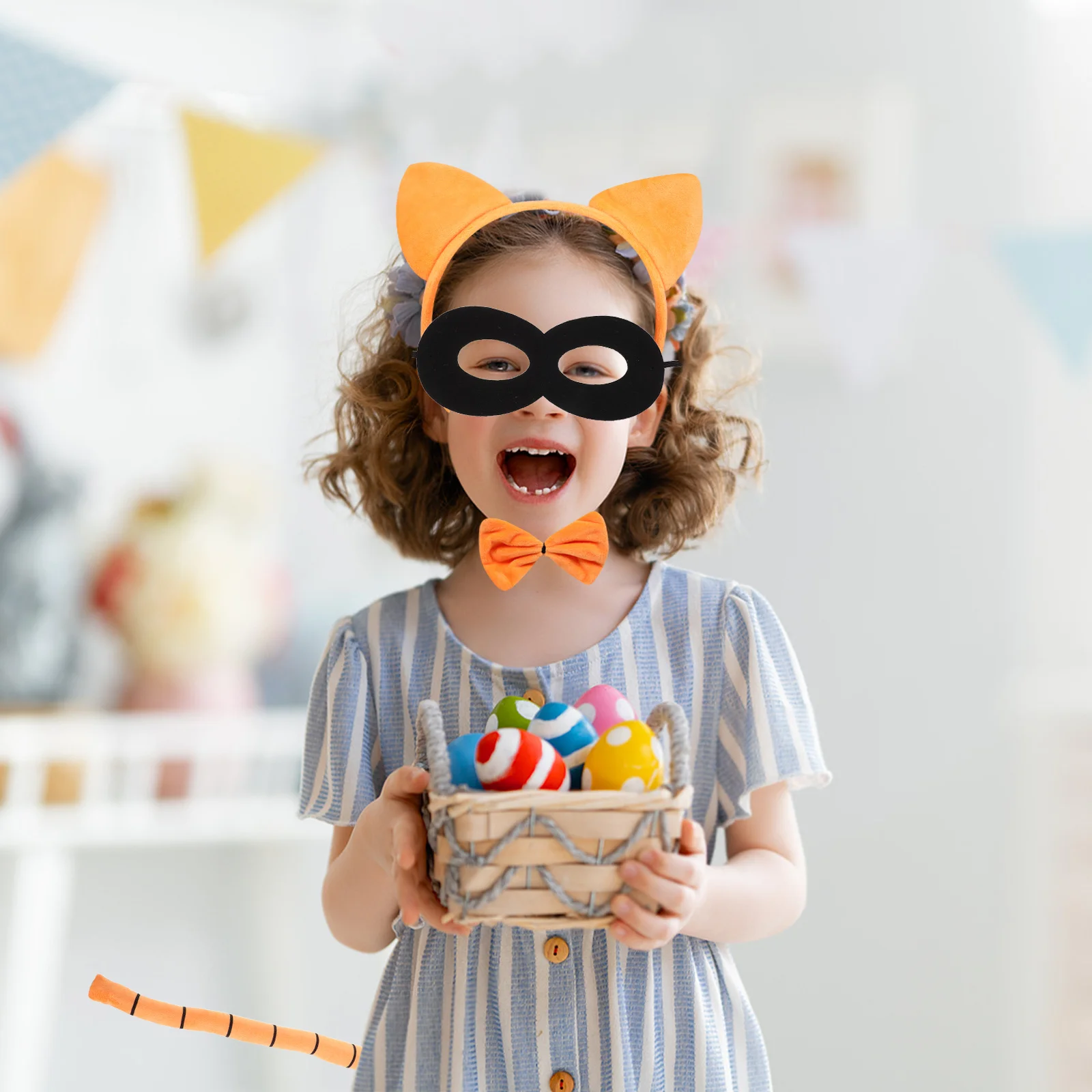 Halloween Oranje Kat Kostuum Set Kinderen Oren Hoofdband Staart Handschoenen Strikje Zwart Masker Verjaardagsfeestje Cosplay Accessoires