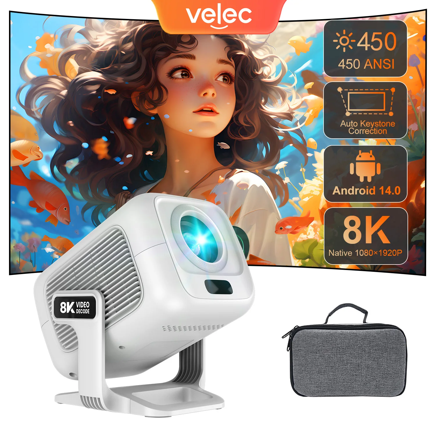 

Проектор Velec Android 14, 8K видеодекодирование, мини 450ANSI 1080P, автофокус, умный домашний кинотеатр, портативный уличный проектор с сумкой