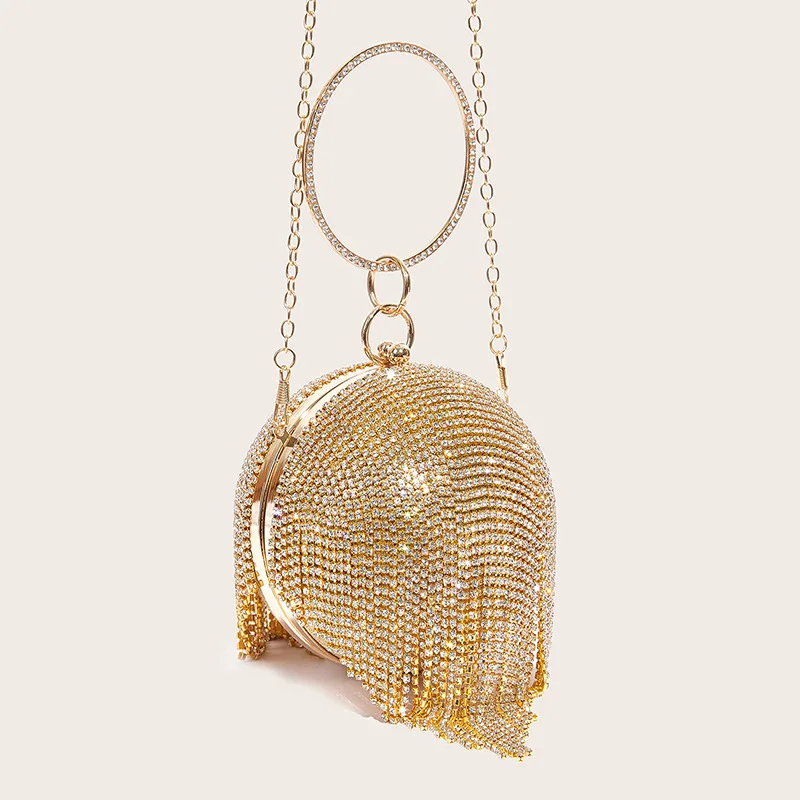 Gold Shiny Handbag Diamond Dinner Bag Tassel Rhinestone Round Evening Bag Banquet Handbag Clutch Purse