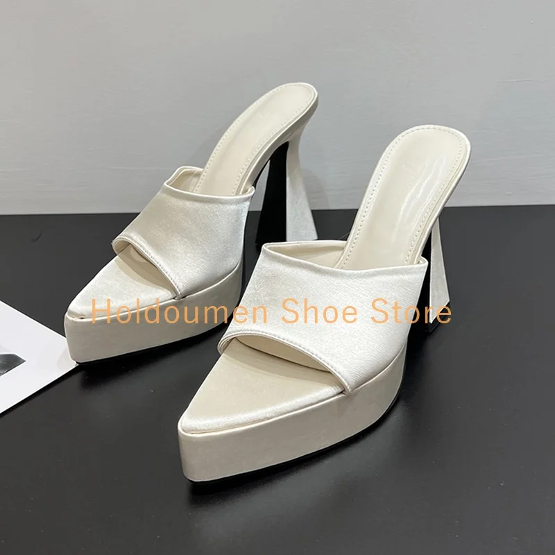 الساتان أشار تو منصة عالية النعال النسائية كعب مكتنز الانزلاق على الصيف عطلة نمط النعال سيدة الموضة المنصة الأحذية #3