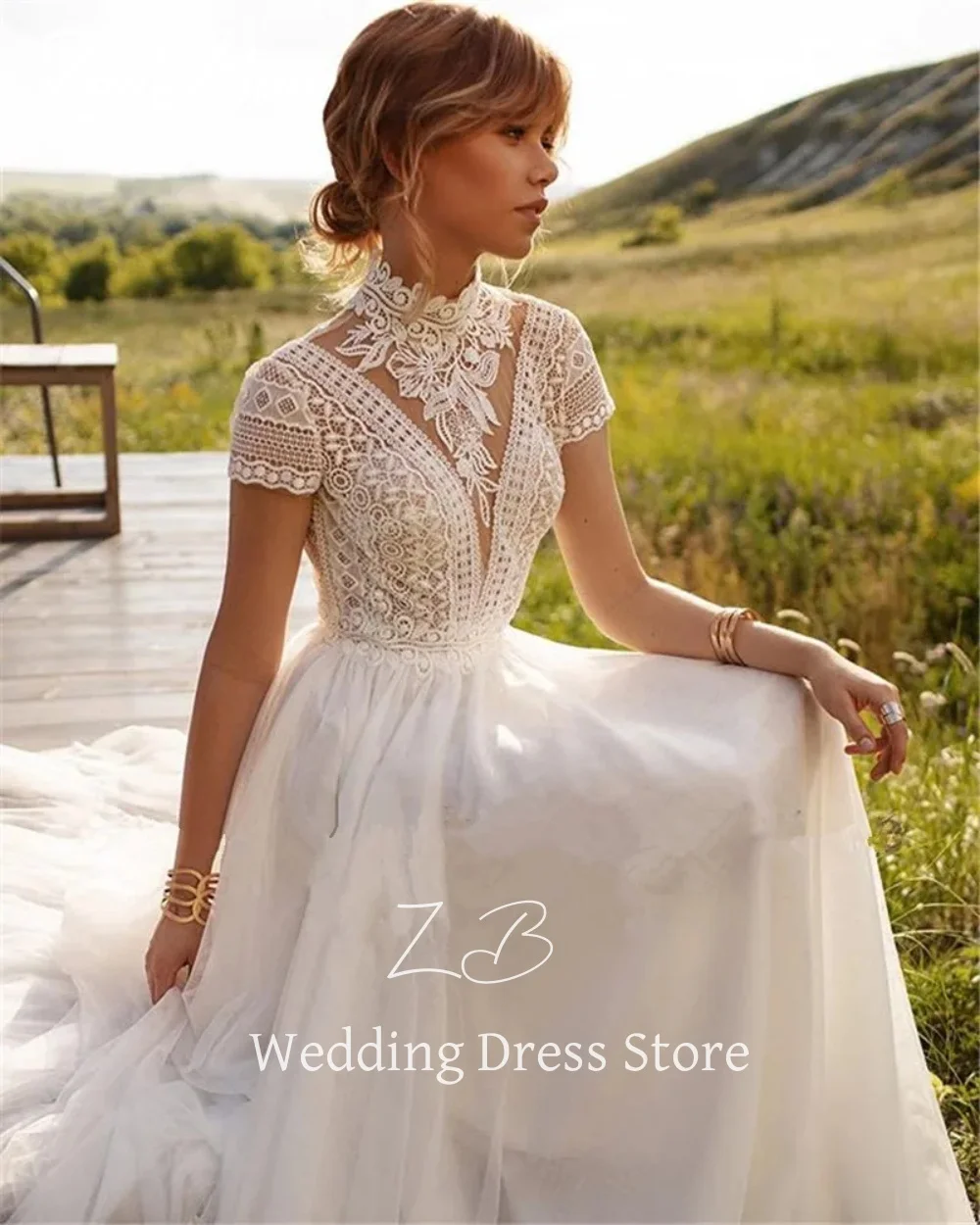 ZanBan Maßgeschneidertes Boho-Spitze-Tüll-Hochzeitskleid mit Stehkragen 2025, A-Linie, böhmisches Brautkleid, Vintage-elegante Robe De Mariée