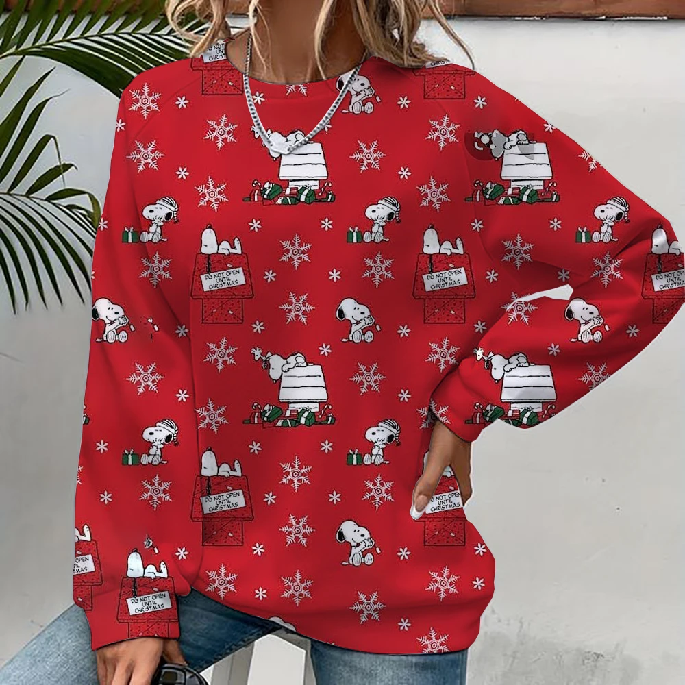 2024 autumn/winter new 3D printed women\'s Snoopy cartoon Christmas round neck pullover for women\'s street parties