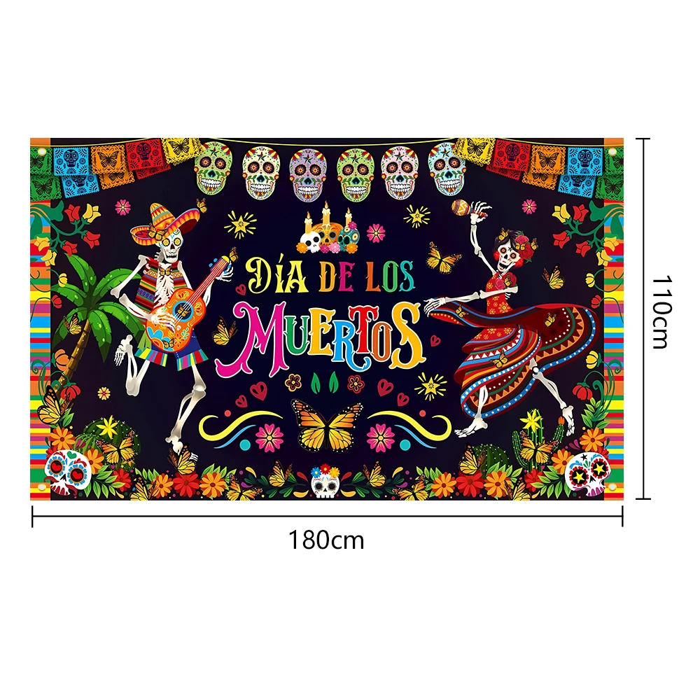 ​Mexican Day of The Dead Background Cloth Horror Theme Party Decoration Hanging Flag Banner Halloween Skull Decoration 180*110cm