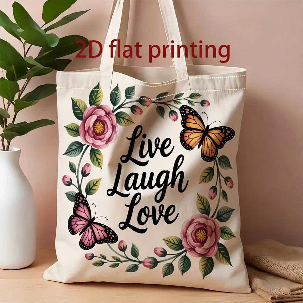 1pc "Live Laugh Love" Floral Butterfly Wreath Tote Bag, Reus