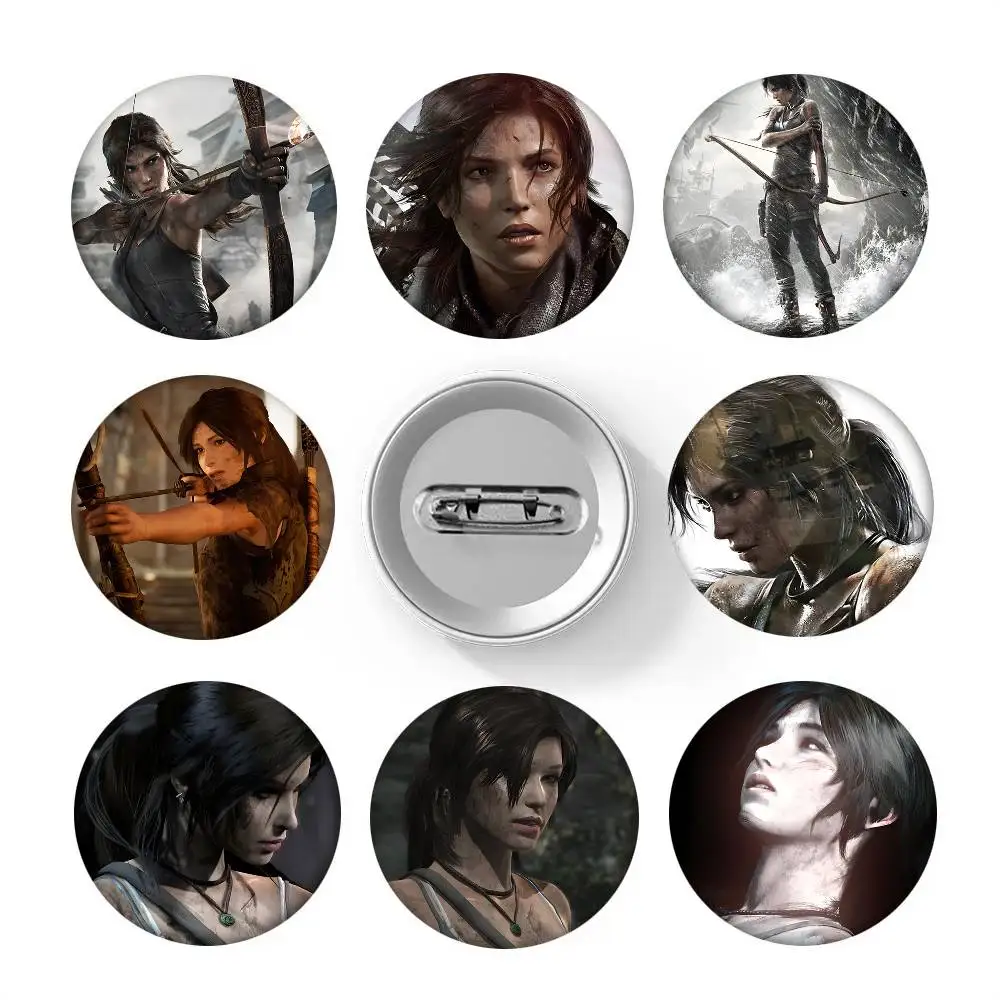 1 Stück Tomb Raider Game LaraCroft Movie Cartoon-Stil Abzeichen Broschen für Rucksackdekoration Runde Emaille-Pins für Accessoires