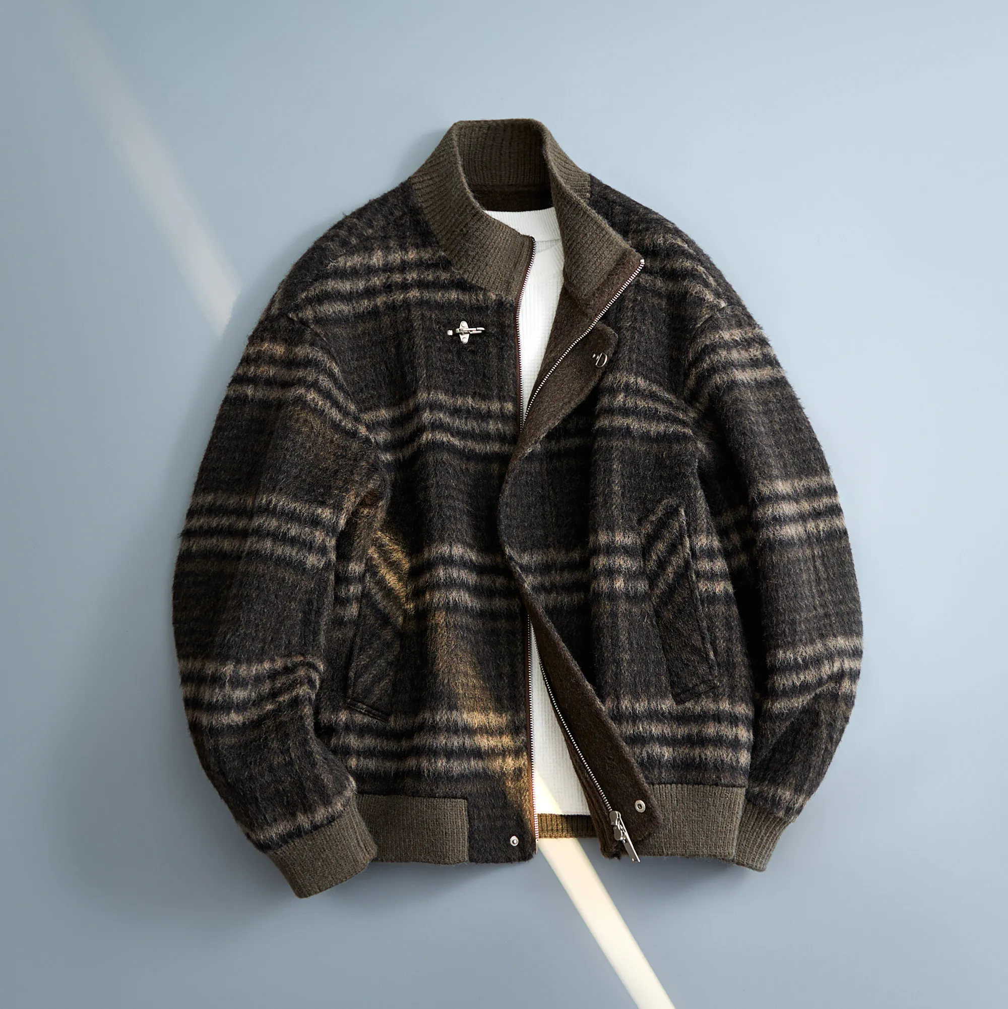 Men Plaid Wool Blend Bomber Jacket Rib Stand Collar Zip Up Double Sided Woolen Coat Autumn Winter Loose Casual Outerwear