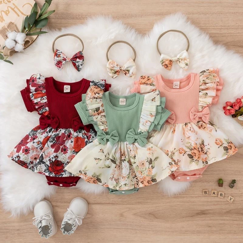 Summer Baby Girl Dress With Bowknot Striped Jumpsuit Cotton Dress For Newborn Floral Clothes Baby Crawling Clothes