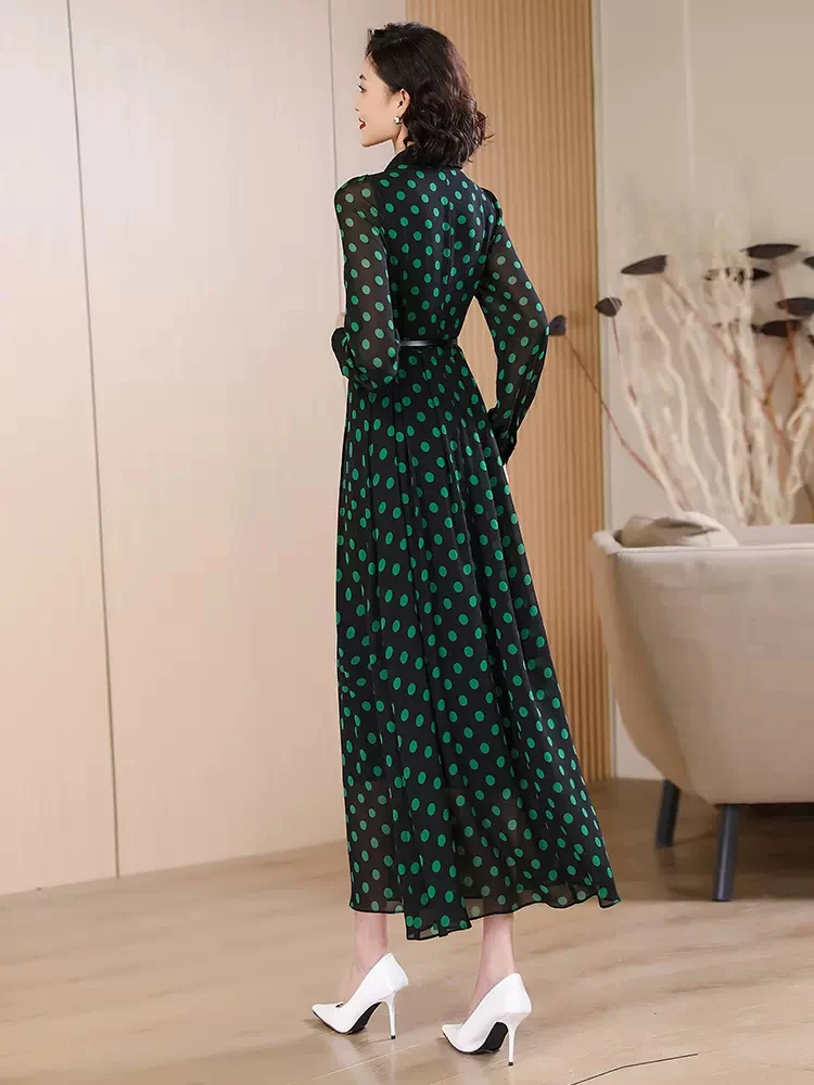 New Women Spring Summer Long Shirt Dress Fashion Turn-down Collar Long Sleeve Polka Dot Dress Elegant Slim Overlength Dress