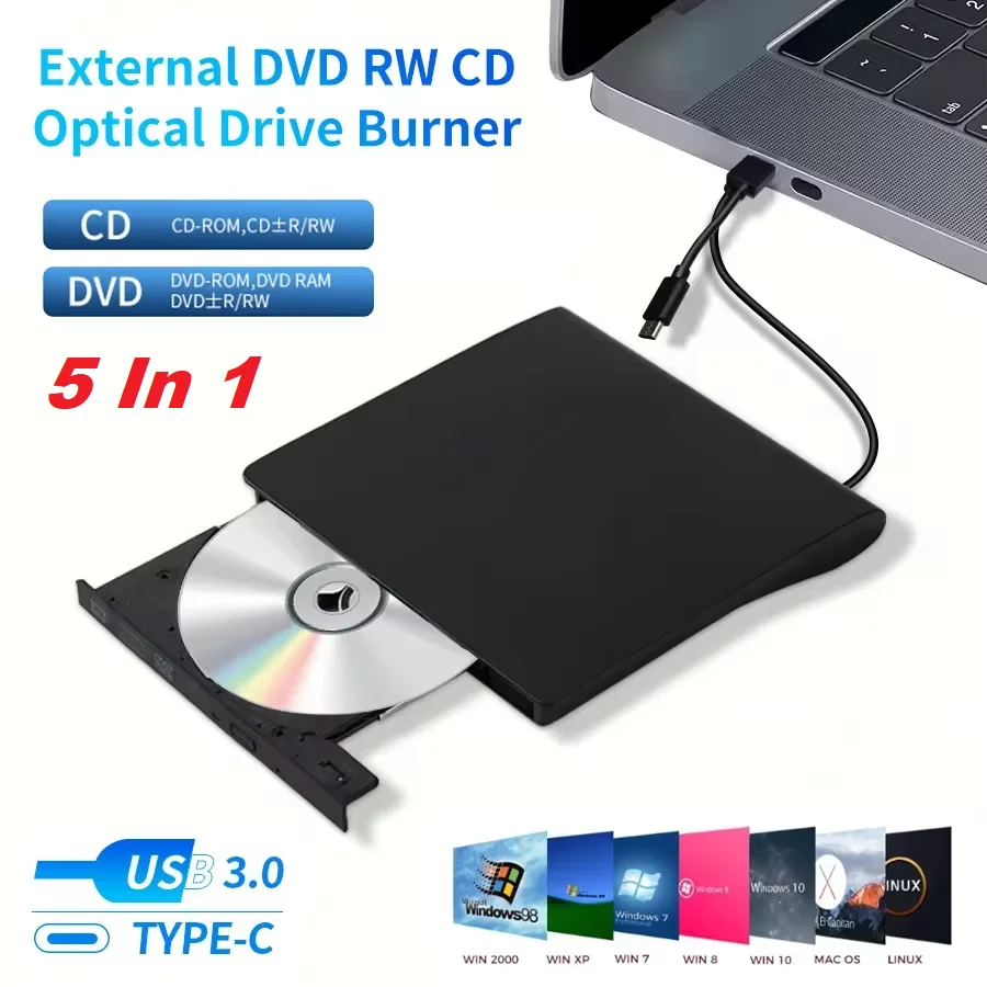 5in1 Type C＆USB 3.0 Slim External DVD VCD CD Writer Slim Optical Drive Burner Reader Player Tray Type Portable For PC Laptop