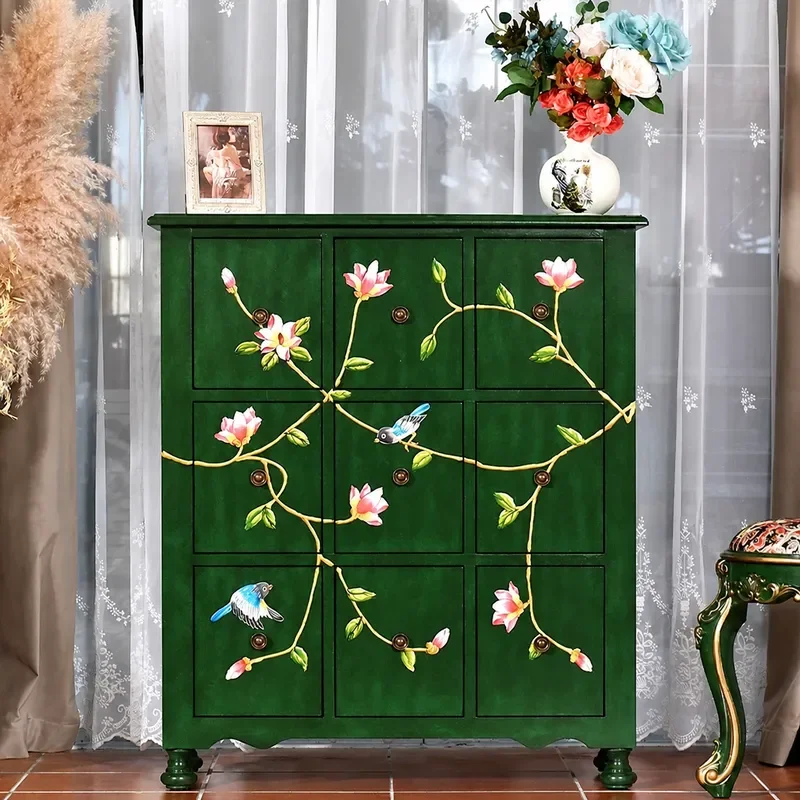 New Chinese Style Nine Drawer Chest Solid Wood Retro Painted Storage Cabinet for Living Room Bedroom Bedside Wall Unit