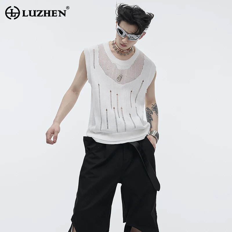 

LUZHEN Fashion Mesh Hollow Knitted Sleeveless Tops Men's 2024 Summer Design Original Street Solid Color Stylish T Shirts LZ3963