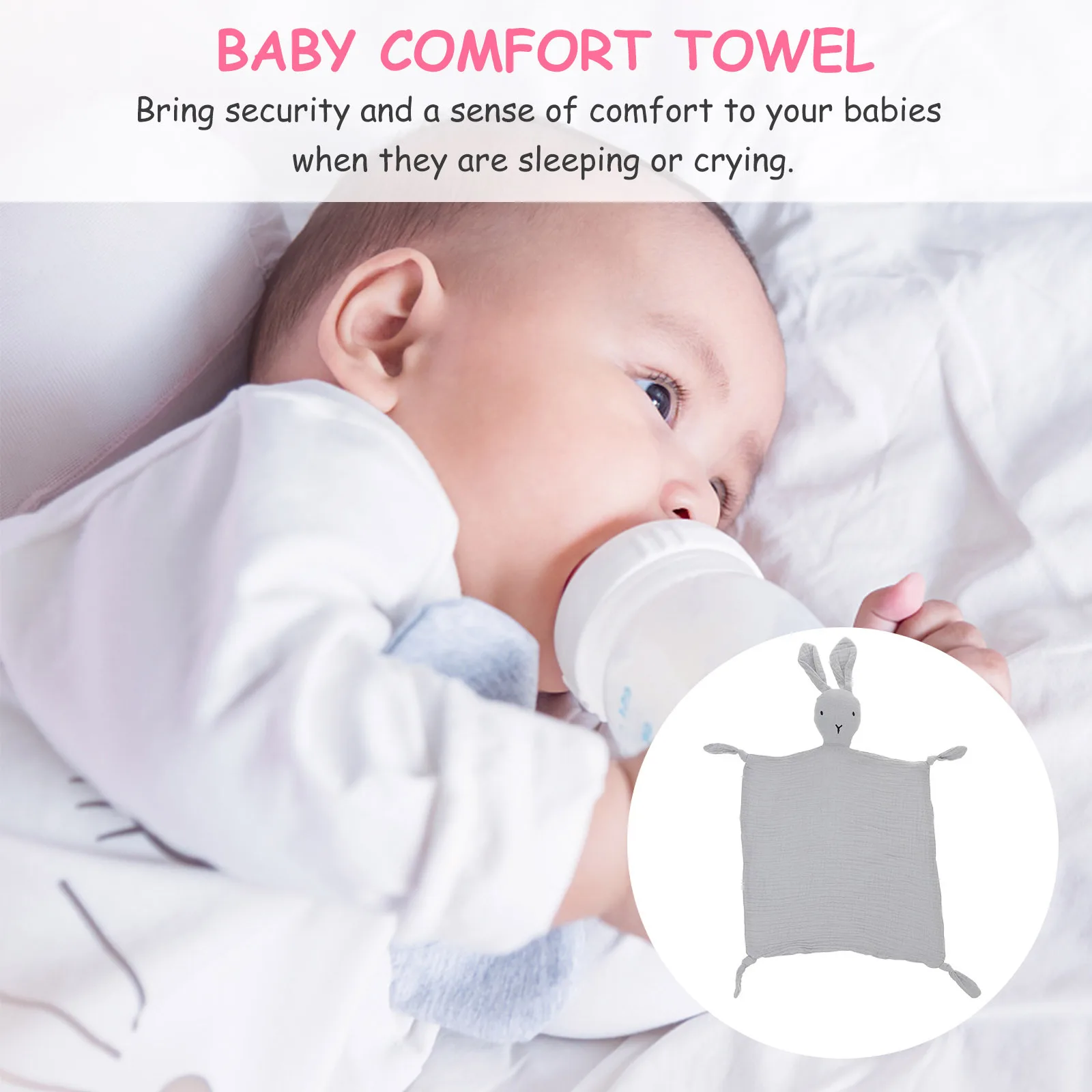 コットンラブリーベビーセキュリティブランケット、動物ウサギデザイン、洗濯機で洗える、新生児や幼児のための心地よい感覚タオル