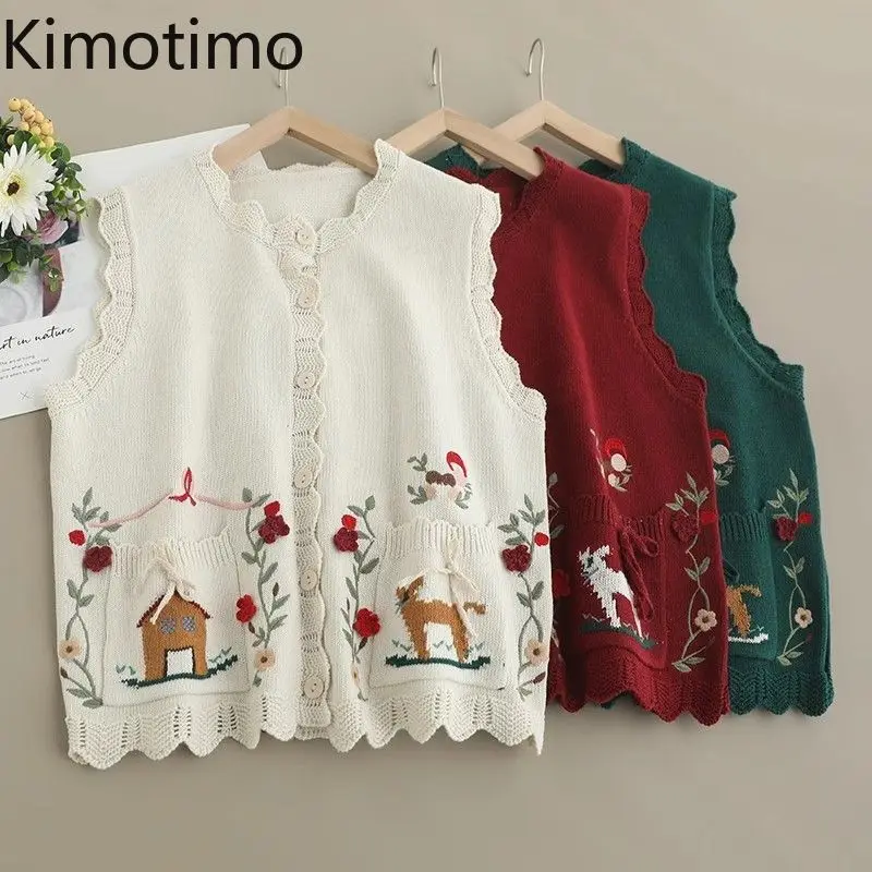 Kimotimo Mori Girls Embroidery Knit Vest Women Autumn Winter Single Breasted Sleeveless Sweater Vintage Sweet Waistcoat Cardigan