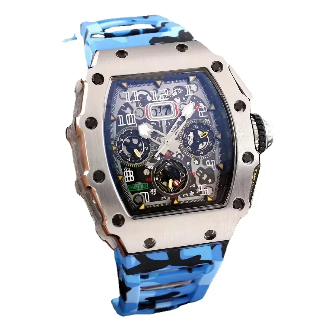 Luxury Mens Automatic Mechanical Watch Stainless Steel Skeleton Red Blue Grey Camouflage Rubber