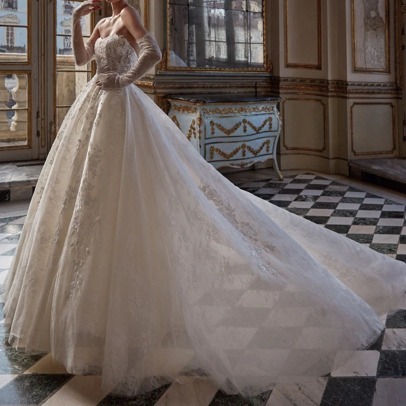 

2024 Luxury Applique Lace Sexy Strapless A-line Tulle Wedding Dresses Bride Weddings Gowns vestidos de novia