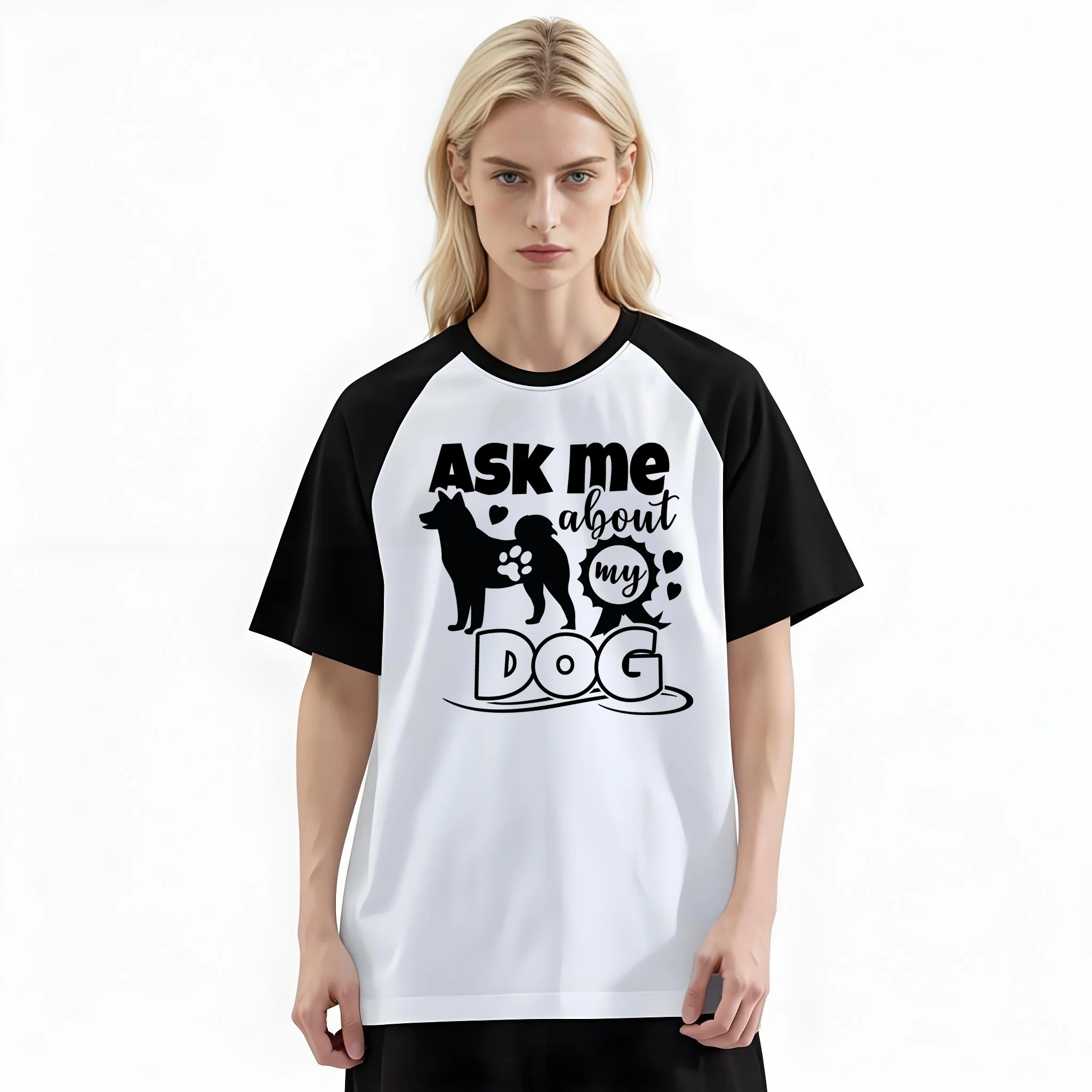 Women'S Fashion Raglan Sleeve T-Shirt, Ask Me About My Dog Silhouette Printed, Summer Casual Comfortable Tee, Women'S Everyday Short-Sleeve Top